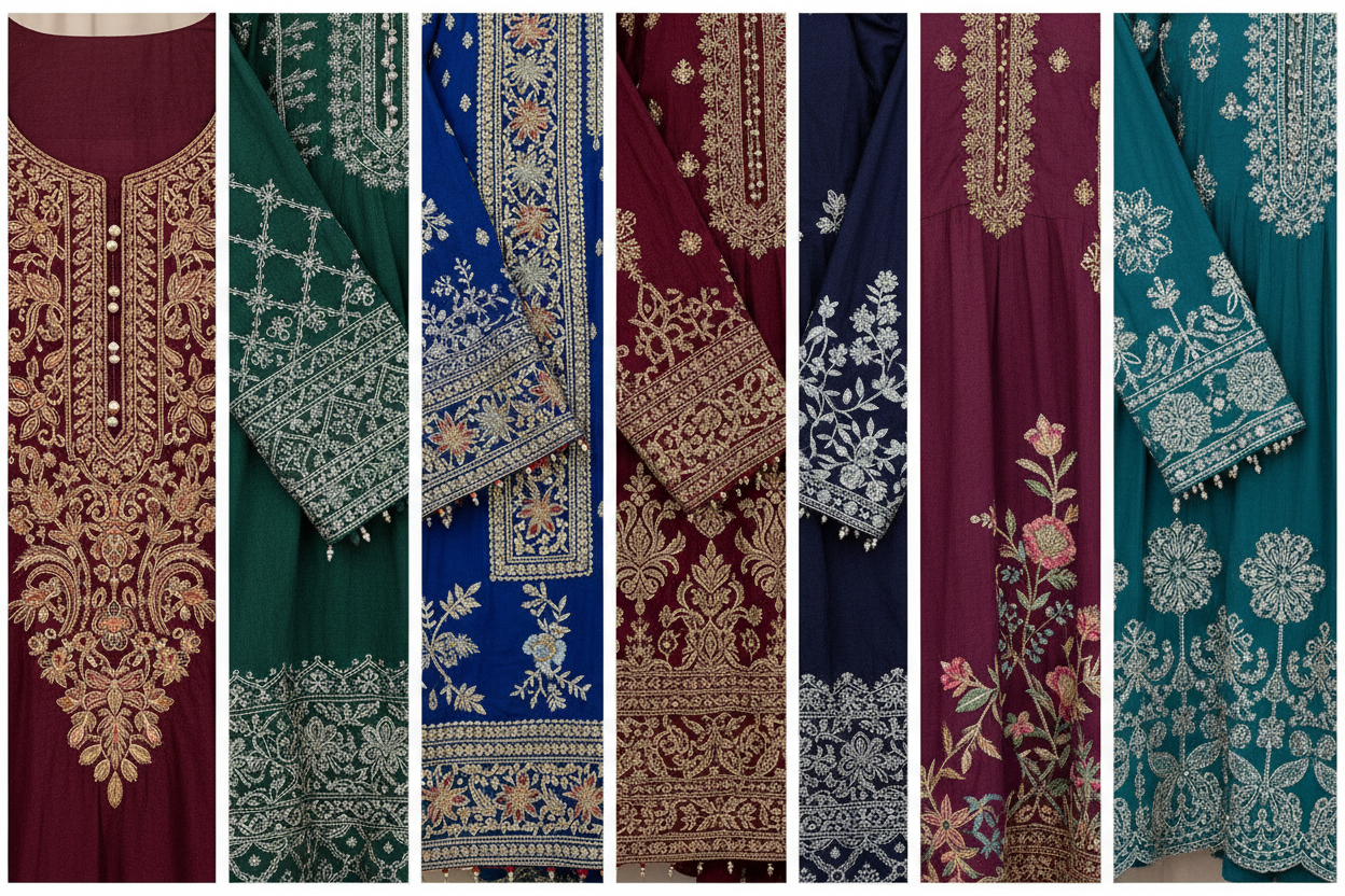 7 Embroidered Dhanak pakistani dresses in spli horitzontal good plzz make it good fulll zoom deisgn good plzz good design